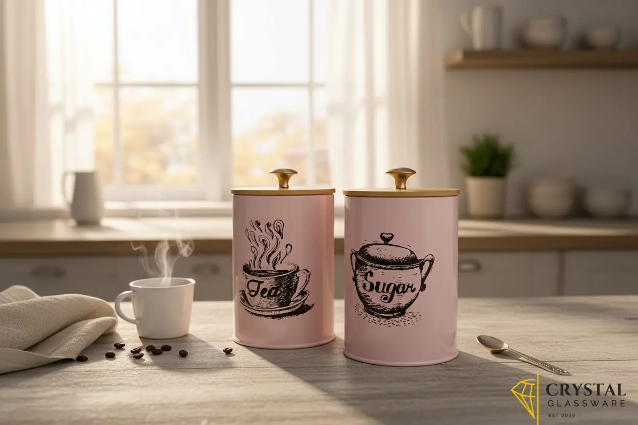  Miaomiaoco 3-piece vintage farmhouse canister set features a pastel pink finish with black labeled graphics 